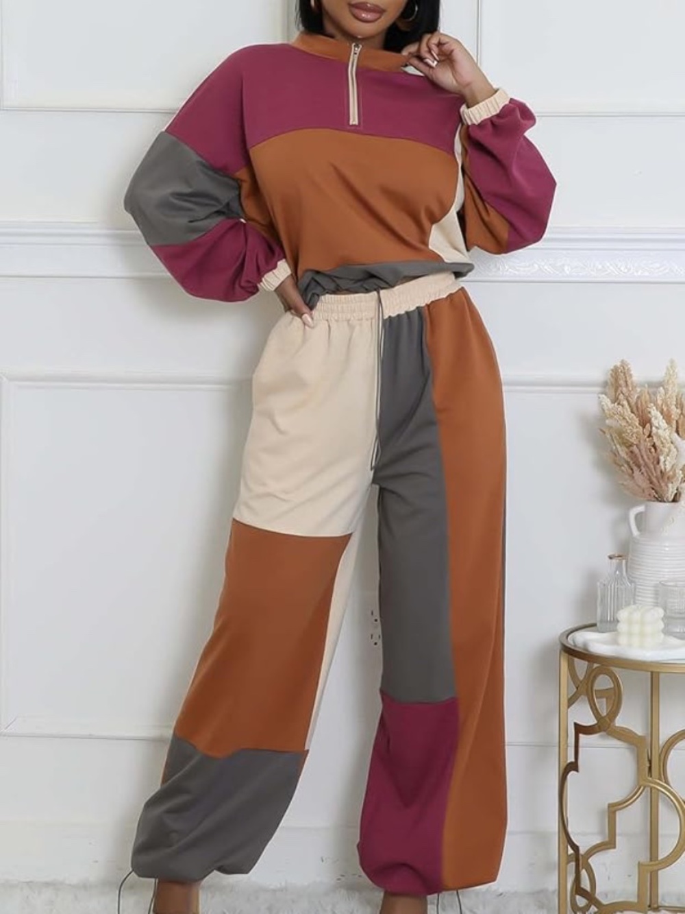 Colorblock Wide-Leg Jumpsuit Pants Set - Burgundy & Brown